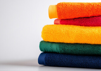 Colorful stack of fluffy towels perfect for a bathroom or spa setting.