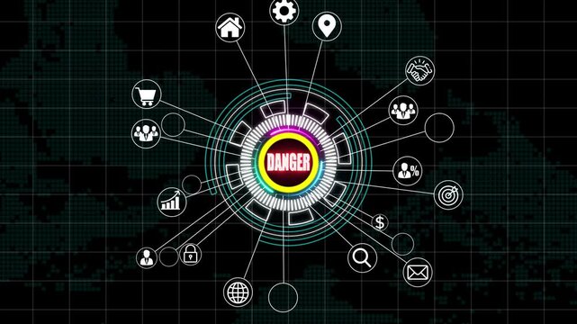 Glowing Internet, business, Technology and network concept. Glowing DENGER text, Mentoring concept. support and motivation grid and map background. 4k animated motion video.
