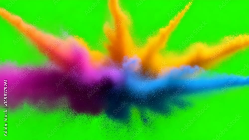 Poster colorful powder explosion on green screen background for chroma key, dynamic multicolor burst animat