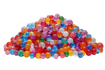 A vibrant cascade of rainbow colored water beads each one shimmering like a tiny jewel on transparent background