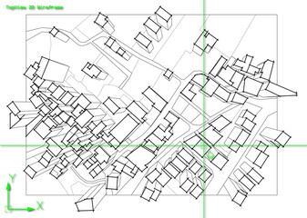 Imaginary city map of territory with 3D buildings of a residential district - concept image with a CAD (Computer-Aided Design) software interface