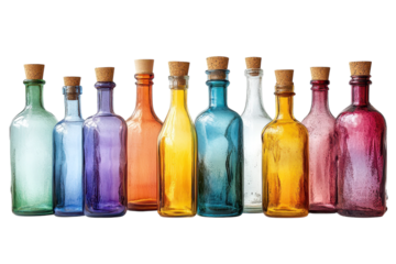 A vibrant collection of vintage glass bottles capped with corks reminiscent of an alchemist s on transparent background