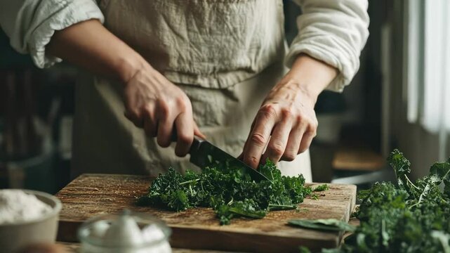 Female chef slicing fresh green kale on wooden board in rustic kitchen for healthy meal prep