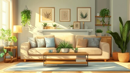 Sunny living room with plants and art