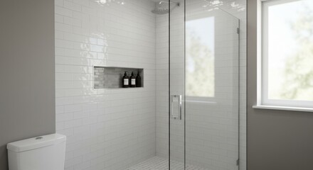 Small Corner Shower with Frameless Glass and Charcoal Grout