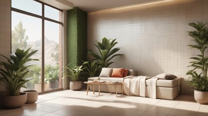 Modern, sun-drenched living room with mountain views