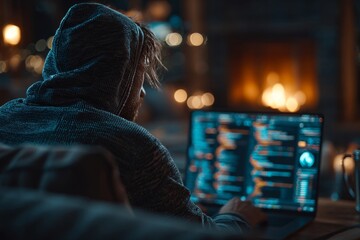A hooded individual engrossed in coding on a laptop, creating a warm and lit scene.
