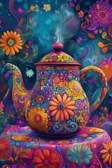 Vibrant illustration of a teapot adorned with intricate floral designs, set against a colorful abstract background, detailed patterns, bright and cheerful digital art