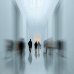 Blurred Figures Walking Down a Long Hallway
