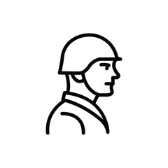 Line art illustration of a soldier in profile view, wearing helmet. Simple design.