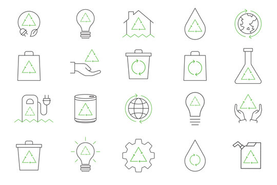 Recyclable icon set. Renewable energy symbols. Outline vector icons.