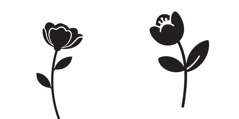 Two simple black silhouette icons of flowers with stems and leaves on a white background. The left flower has ruffled petals, while the right flower is a closed bud with an opening at the top.