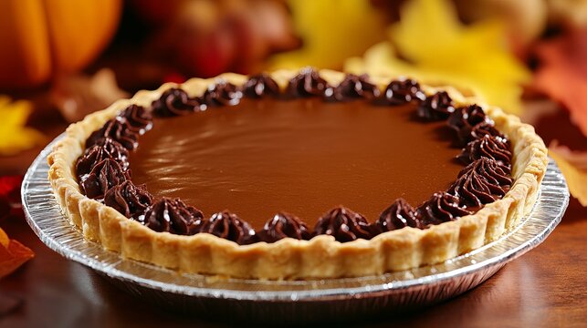 Pumpkin pie features chocolate ganache decoration on a foil pan with autumn leaves in the background.