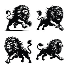 Lion different pose bundle black silhouette vector illustration isolated on a white background