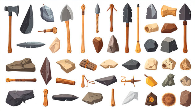 A colorful collection of diverse stone-age tools and artifacts, including axes, spears, arrowheads, scrapers, and various raw materials, rendered in a cartoonish style against a white background