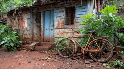 Fototapeta premium Rusty Bicycle by Old House - Rustic scene, old bicycle leaning against weathered house, symbolizes age, passage of time, resilience, rural life, and forgotten memories