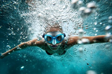Naklejka premium Dynamic woman with snorkel mask glides underwater surrounded by shimmering bubbles, capturing the exhilarating freedom of aquatic adventure.