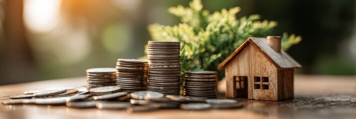 Saving for a Dream Home: A Financial Journey - Stacks of coins represent savings, growing towards a miniature house, symbolizing financial goals, homeownership