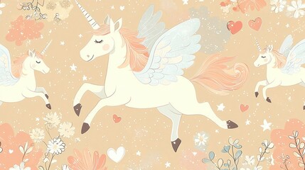 Whimsical winged unicorns soar through a floral paradise