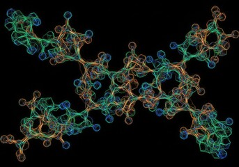 Intricate, colorful molecular structure shown, suggesting complex scientific connections on black.