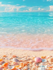 Seashells and Sandy Beach Paradise - Tranquil beach scene, seashells scattered on soft sand, gentle waves lapping the shore, clear turquoise water, and a sunny sky. Symbolizing peace, relaxation
