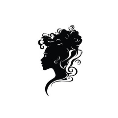 A silhouette of a woman with curly hair and swirls in a simple black and white colour