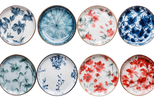 Captivating collection of floral painted ceramic plates a celebration of artistic dining and on transparent background - Powered by Adobe