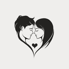 A vector logo featuring a couple in love, symbolized by a heart silhouette. The design uses minimalist stroke lines in black and white, creating a simple and elegant line drawing style