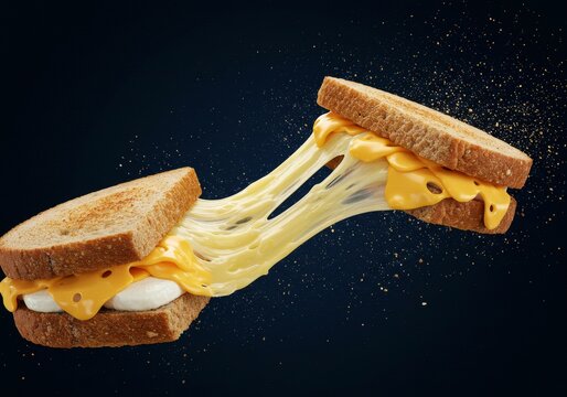A visually striking shot of a grilled cheese sandwich with a dramatic cheese pull effect.