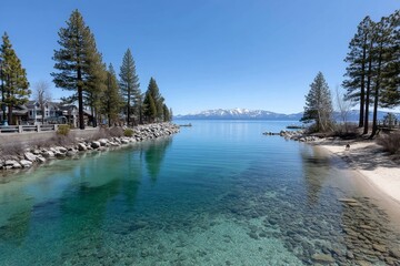 Serene Lakefront Panorama with Majestic Snowy Mountains - Crystal-clear lake, snow-capped mountains, tranquil atmosphere, pine trees, lakeside homes. Symbolizing peace, serenity, nature, escape