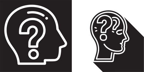 
Two stylized illustrations of a human head in profile with a large question mark inside, representing thought, confusion, or inquiry. One has a long shadow, the other is simpler.
