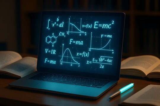 Laptop Screen Showing Math Formulas: A laptop screen glows with various mathematical formulas and graphs in a dark study setting.