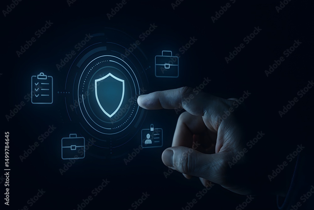 Poster cybersecurity interface: hand touches a glowing shield icon on a modern interface, symbolizing digit