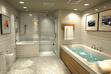 Bright, modern bathroom features white subway tiles, glass shower, and two bathtubs with artwork on the wall