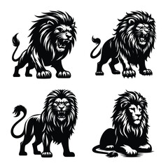 Lion different pose bundle black silhouette vector illustration isolated on a white background