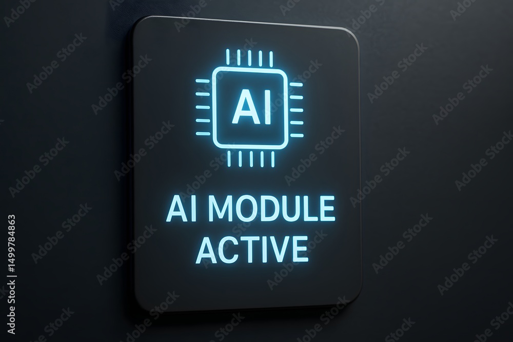 Poster ai module active: illustrating a glowing, active ai module icon on a modern dark background, symboli