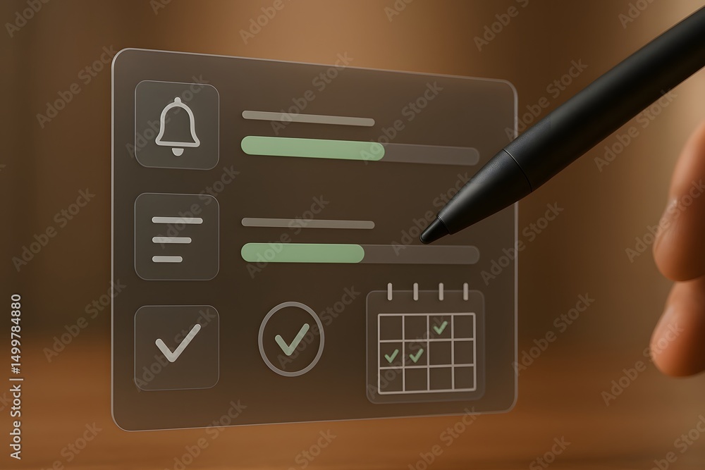 Poster digital task management: a hand interacts with a transparent digital interface, showcasing a user-fr