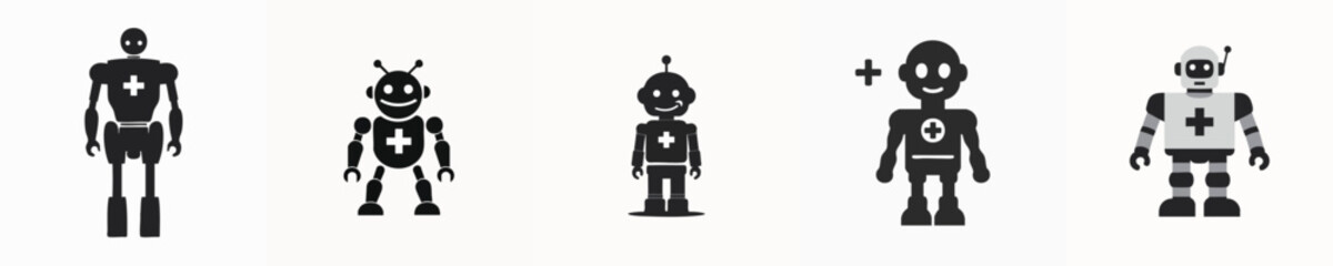 Flat Vector Icon Set of Medical Robot Silhouettes for Healthcare Technology Illustration