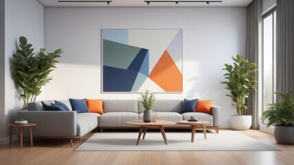 Modern living room interior with a sectional sofa, abstract art, and plants
