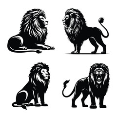 Lion different pose bundle black silhouette vector illustration isolated on a white background
