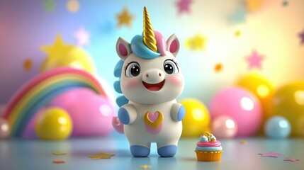 Fototapeta premium Adorable unicorn with cupcake