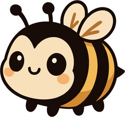 Cute Kawaii Bee Vector, This image features an adorable, kawaii-style bee with a round body and oversized, sparkling eyes. The bee has a friendly, cheerful expression with a small, smiling mouth