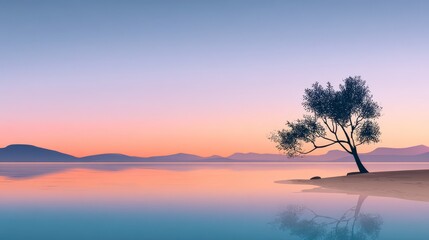Fototapeta premium Serene Sunset Landscape - Tranquil scene of a lone tree on a calm lake at sunset, mountains in the background. Peaceful and serene