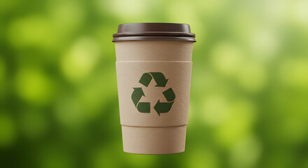 A solitary eco-friendly coffee cup stands proudly, a beacon of environmental responsibility, its recycling symbol a testament to a greener future.