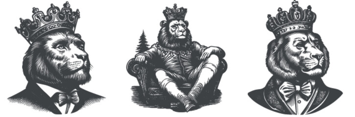 Fototapeta premium Regal Lion Illustrations in Vintage Engraving and Woodcut Style