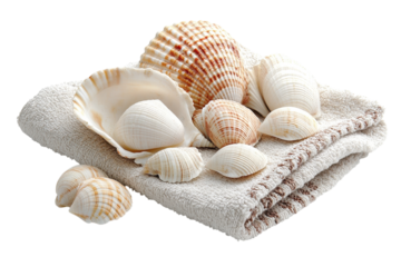 Evoking coastal serenity Seashells gently resting on a plush white towel conjuring memories of on transparent background