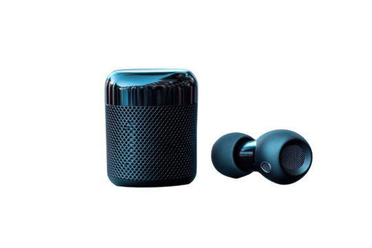 Experience immersive sound with sleek wireless earbuds and matching portable speaker featuring on transparent background