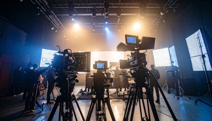 Fototapeta premium Silhouettes of People Working on Movie Set with Big Lights and Camera Gear