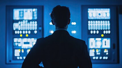 Businessman Analyzing Data on Control Panel in Dark Environment