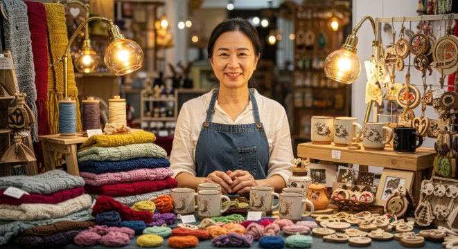 Smiling Boutique Owner with Handmade Crafts - Powered by Adobe